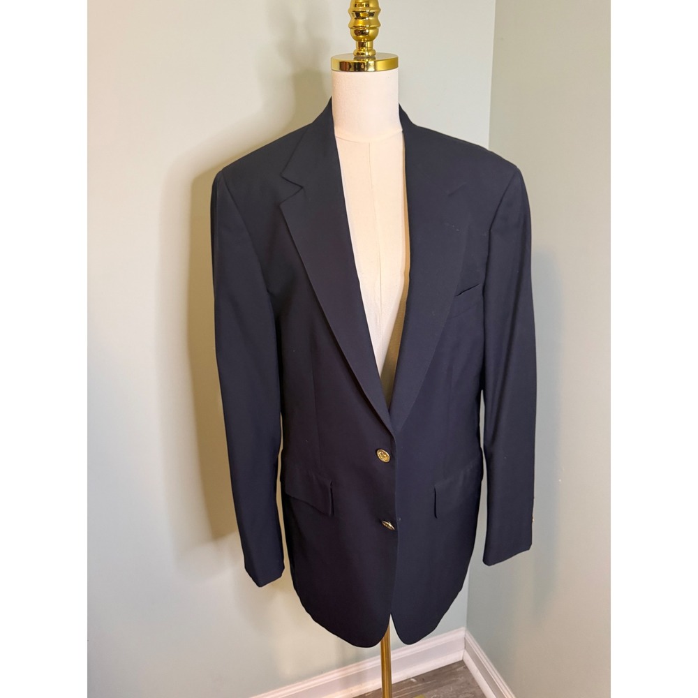 Vintage The University Shop Pure Wool Blazer Gold Crest Button Preppy Navy 42R